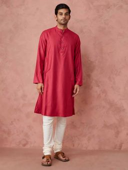 Fabindia - Pink Viscose Silk Straight Slim Fit Long Kurta