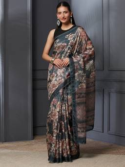 Garden VARELI - Women Banarasi Blue Pure Cotton with Floral Design Saree
