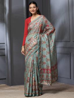 Garden VARELI - Banarasi Green Pure Cotton Floral Design Saree