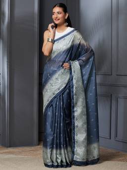 Garden VARELI - Navy Blue Pure Cotton with Floral Design Saree