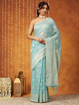 Garden VARELI - Women Banarasi Blue Art Silk with Woven Design Saree