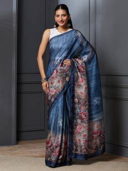 Garden VARELI - Banarasi Blue Pure Cotton with Floral Design Saree