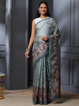 Garden VARELI - Banarasi Women Blue Pure Cotton Floral Design Saree