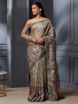 Garden VARELI - Banarasi Green Pure Cotton with Floral Design Saree