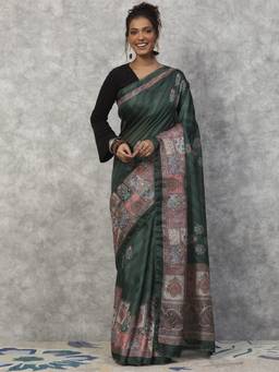 Garden VARELI - Banarasi Bottle Green Pure Cotton with Floral Design Saree
