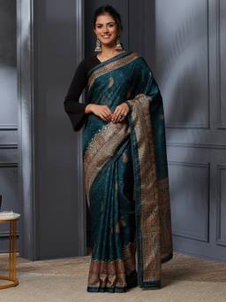 Garden VARELI - Banarasi Teal Blue Pure Cotton with Floral Saree