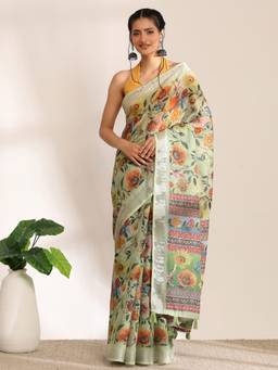 Garden VARELI - Banarasi Pista Green Art Silk with Floral Design Saree