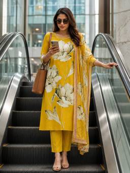 BERRYLICIOUS - Women Cotton Yellow Floral Printed Kurta with Pant and Dupatta