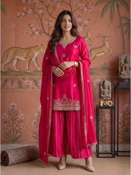 Rangita - Women Pink Embroidered Kurta With Sharara And Dupatta