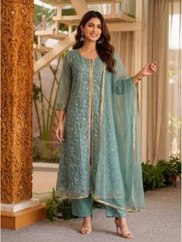 Rangita - Women Light Blue Embroidered Kurta With Pant And Dupatta