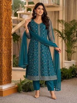 Rangita - Women Teal Embroidered Kurta With Pant And Dupatta