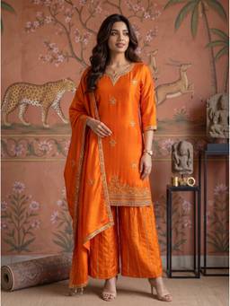Rangita - Women Orange Embroidered Kurta With Sharara And Dupatta