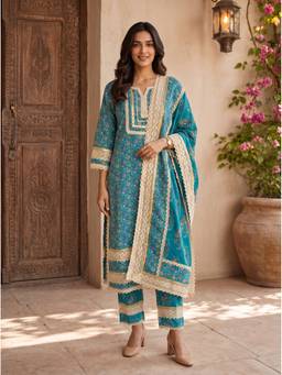Rangita - Women Blue Embroidered Kurta With Pant And Dupatta
