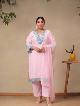 Bani Women - Plus Size Women Pink Embroidered Kurta With Pant And Dupatta
