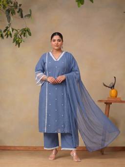 Bani Women - Plus Size Women Blue Embroidered Kurta With Pant And Dupatta