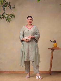 Bani Women - Plus Size Women Sage Green Embroidered Kurta With Pant And Dupatta