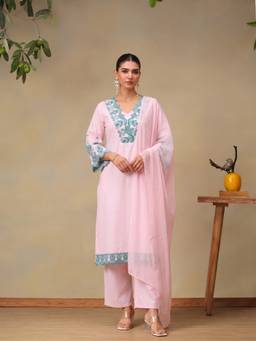 Bani Women - Women Pink Embroidered Kurta With Pant And Dupatta