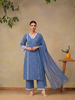 Bani Women - Women Blue Embroidered Kurta With Pant And Dupatta