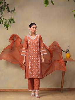 Bani Women - Women’s Embroidered Rust Kurta With Pant And Dupatta