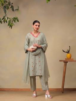 Bani Women - Women Sage Green Embroidered Kurta With Pant And Dupatta