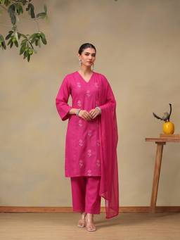 Bani Women - Women’s Embroidered Magenta Kurta With Pant And Dupatta