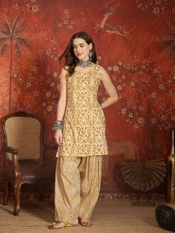 CLO - Printed Pure Cotton Sleeveless Mustard Kurti With Salwar
