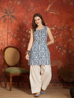 CLO - Printed Pure Cotton Printed Sleeveless Blue Kurti With Salwar