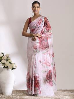Garden VARELI - Banarasi Baby Pink Satin with Floral Design Saree