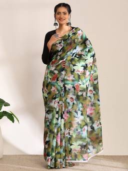 Garden VARELI - Banarasi Green Satin with Floral Design Saree