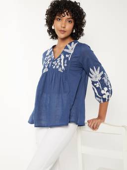 max - Women Embroidered Blue Tunic