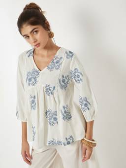 max - Women Embroidered Off White Tunic