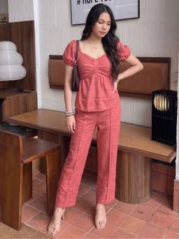 Dora Dori - Puff Sleeve Peplum Sweet Heart Neck Red Co-ord Set