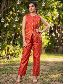 Dora Dori - Brocade Sleeveless Vest Style Orange Co-ord Set