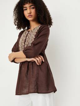 max - Women Embroidered Yoke Brown Tunic