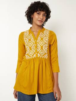 max - Women Embroidered Yellow Tunic