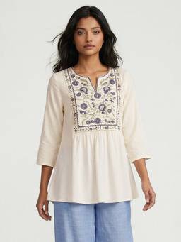 max - Women Embroidered Off White Tunic