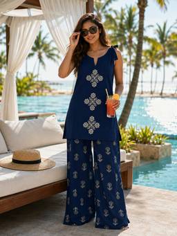 BERRYLICIOUS - Women Navy Blue Cotton Thread Embroidered Co-ord Set