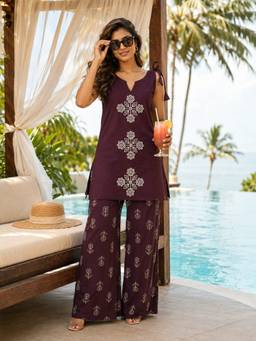 BERRYLICIOUS - Women Burgundy Cotton Thread Embroidered Co-ord Set