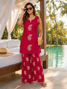 BERRYLICIOUS - Women Pink Cotton Thread Embroidered Co-ord Set