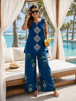 BERRYLICIOUS - Women Teal Cotton Thread Embroidered Co-ord Set