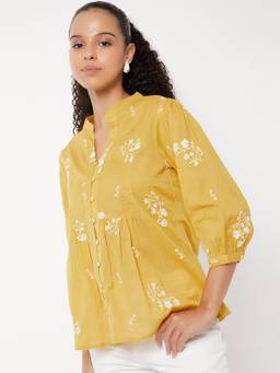 max - Women Embroidered A-line Yellow Tunic