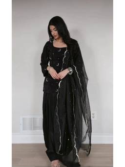 THE52 - Women's Beautiful Embroidery Work Crepe Silk Fabric Black Kurta With Salwar And Dupatta