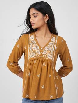 max - Women Embroidered Yellow Tunic