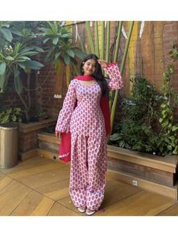THE52 - Women's Beautiful Printed Work Cotton Fabric Pink Kurta With Salwar And Dupatta