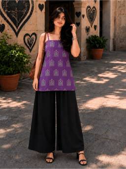 MYSHKA - Women Purple Printed Pure Cotton Shoulder Strap Short Kurti with Palazzo