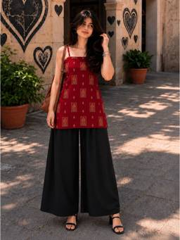 MYSHKA - Women Red Printed Pure Cotton Shoulder Strap Short Kurti with Palazzo