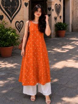 MYSHKA - Women Orange Printed Pure Cotton Long Kurta with Palazzo