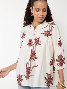 max - Women Floral Print Off White Tunic