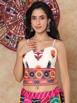 SALWAR STUDIO - Embroidered Padded Garba Navratri Corset White Stitched Blouse