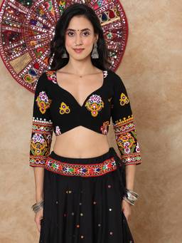 SALWAR STUDIO - Embroidered Sweetheart Neck Padded Garba Navratri Black Stitched Blouse